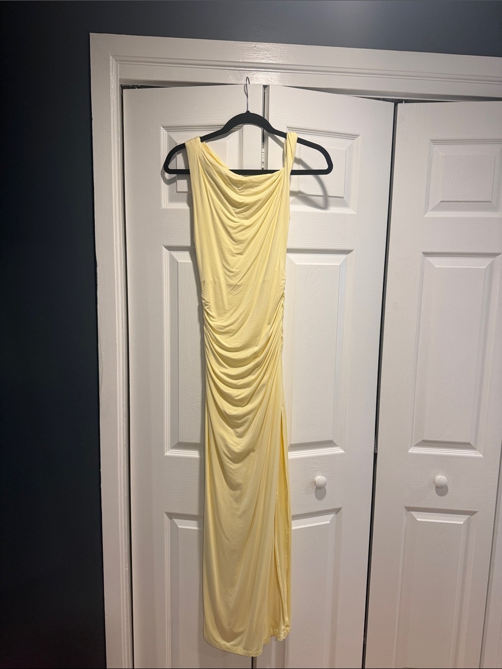 White Fox Boutique Pale Yellow Ruched Maxi Dress